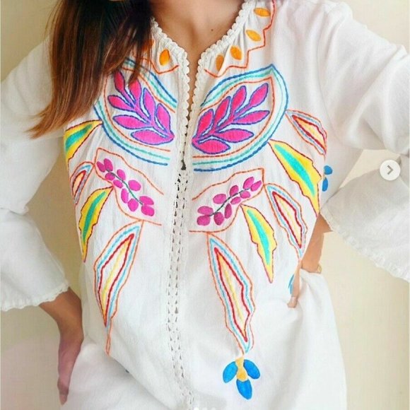 ZARA ! flower cotton floral embroidered kaftan(Medium) - Picture 2 of 8